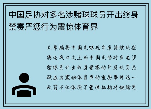 中国足协对多名涉赌球球员开出终身禁赛严惩行为震惊体育界